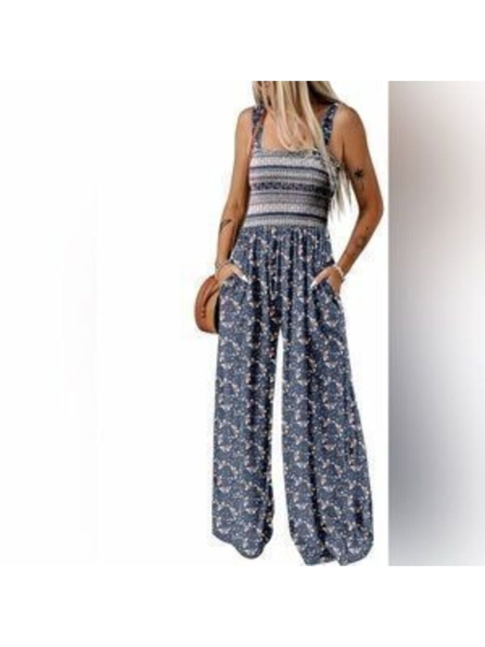 Overalls One Piece Sleeveless Printed Wide Leg Rompers With Pockets